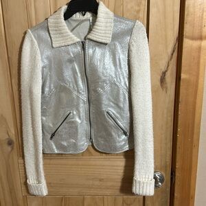 Phosphorus Women’s Leather Short Jacket Knit Sleeves Collar Full Zip Pockets L